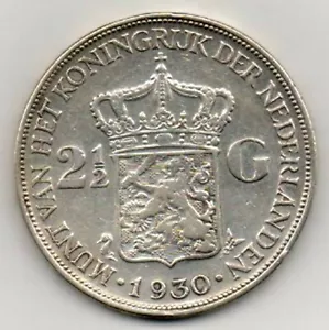 un068 1930 Netherlands 21/2 Gulden Silver Coin - Picture 1 of 2