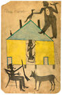 Bill Traylor - Maison jaune et bleue avec figurines et chiot - Impression d'art 17" x 22"
