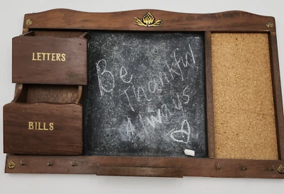 Vintage wall mounted Wood Message Board Blackboard Cork Board hooks Mail kitchen - Image 1 of 4