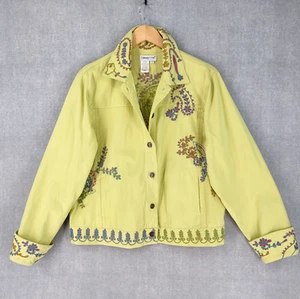 Coldwater Creek Jacket Large Yellow Embroidered Embellished Boho Lady Trucker - Picture 1 of 21