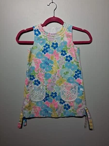 Lilly Pulitzer Girls Multicolor Flower Print Sheath Dress Crochet Pockets Size 5 - Picture 1 of 7
