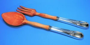 pair STERLING SILVER HANDLED (WOOD) SALAD SERVERS xlnt - Picture 1 of 4