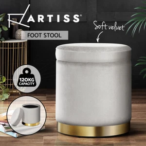 Artiss Ottoman Storage Foot Stool Round Velvet Foot Rest Padded Seat Grey - Picture 1 of 11