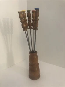 Vintage Wood Handled Fondue Forks with Holder Set of 5 - Picture 1 of 6