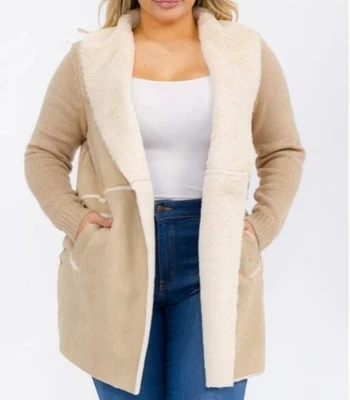 OnTwelfth Women’s Plus Size Open Front Faux Suede & Sherpa Lined Coat – Beige - Image 1 of 4