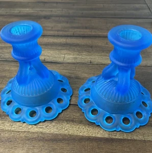 Vintage Westmoreland Blue Satin Doric Lace Edge Colored Glass Candle holders - Picture 1 of 9