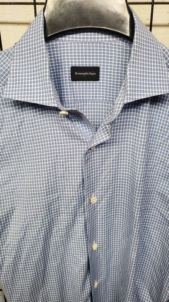 Ermenegildo Zegna Mens Size M Blue Squares Cotton Long Sleeve Dress Shirt MINT - Image 1 of 4