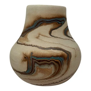 Jarrón de cerámica artística india Nemadji años 70 arcilla nativa azul bronce mármol remolino EE. UU. 41/2" - Imagen 1 de 12