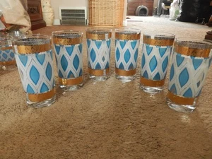 Juego de 6 vasos Highball Fred Press años 50, oro y diamante verde azulado FIRMADO - Imagen 1 de 19