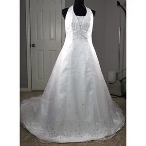 Vintage White Halter Neck Wedding Dress Mori Lee 12 Beaded Sequin Rhinestones - Picture 1 of 13