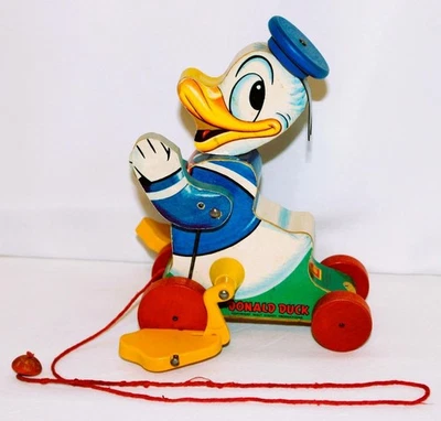 RARE👍OLD STORE MINT DISNEY 1955 FISHER PRICE TALKING DONALD DUCK PULL TOY #765 - Image 1 of 4