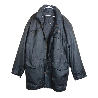 Context Leather Jacket Womens XL Black Hooded Drawstring Cargo Utility Parka - Image 1 of 4