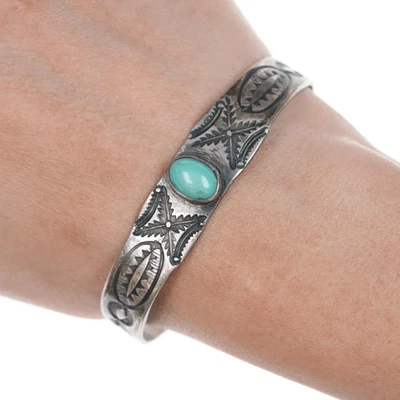 6.625" Vintage Heavy stamped silver cuff bracelet with turquoise - Image 1 of 4