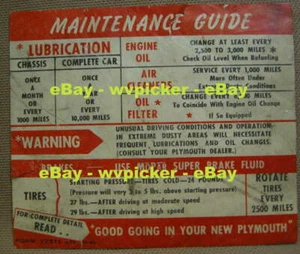 Vintage 1950 PLYMOUTH  original Doorpost MOPAR Maintenance Guide Sticker. SCARCE - Picture 1 of 4