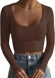 Women'S Square Neck Long Sleeve Ribbed Slim Fitted Casual Basic Crop Top - Picture 1 of 12