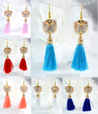 2.5"  DIAMANTE RHINESTONE CRYSTAL BUTTERFLY SILK THREAD TASSELL DROP EARRINGS - Image 1 of 2