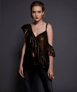 ONE TEASPOON ~ NWT! Small ~ Metallic Bronze ASHLEY Ruffle 1 Shoulder Blouse a84 - Picture 1 of 11