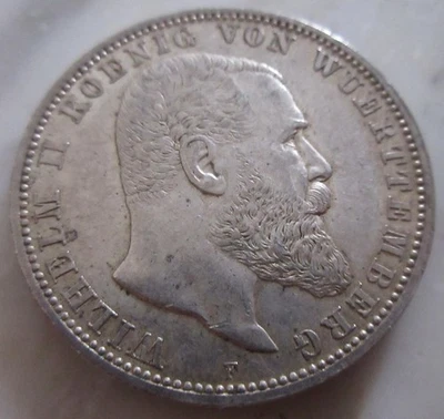 MDS DEUTSCHES REICH KAISERREICH WUERTTEMBERG 5 MARK 1913 F "WILHELM", SILBER #S - Bild 1 von 2