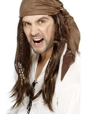 Mens Pirate Caribbean Fancy Dress - Pirate Wig & Head Scarf Brown - Image 1 of 4