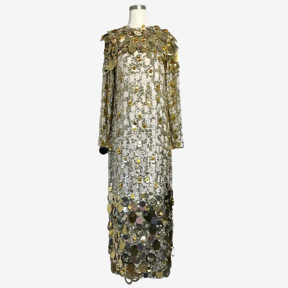 Vestido MIDAXI COLUMNA MANGA LARGA LENTEJUELAS MÚLTIPLES APILADO EDICIÓN ASOS NUEVO CON ETIQUETAS dorado 6 Foto 1 de 4