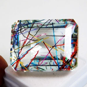 Certified 80.10 Ct Natural Multi-Color Rutilated Quartz Emerald Loose Gemstone - Picture 1 of 5