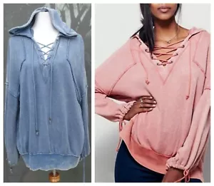 FREE PEOPLE Medium Winston Lace-Up Hoodie, blue Oversized Pullover, linen/cotton - Picture 1 of 10