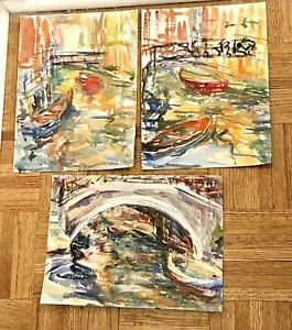 Lotto vintage schizzi acquerello originali barche vuote nei canali Venezia Italia - Foto 1 di 5