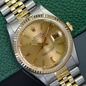 Rolex Mens Datejust 16233 18K Gold Steel Champagne Index Dial Fluted 36mm Watch - Picture 1 of 23