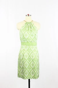 MILLY White Green Geometric Print Silk Twill Chain Halter Sheath Dress, Size 2 - Picture 1 of 13