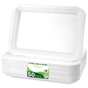 50 Pack 14" Heavy Duty Disposable Compostable Rectangle Food Trays for BBQ - Picture 1 of 7