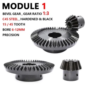 Module 1 Bevel Gear C45 Steel 1:3 Ratio 15 / 45 Tooth 6-12mm Bore Hardened Black - Picture 1 of 14