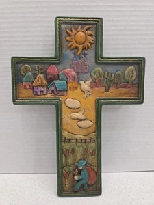 Ceramic Cross Wall Hanging Green Community Farming Hand Painted 7" x 10" - Picture 1 of 17
