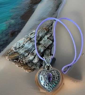 Colar pingente coração ametista - Banhado a prata esterlina 925 - Novo - Imagem 1 de 4