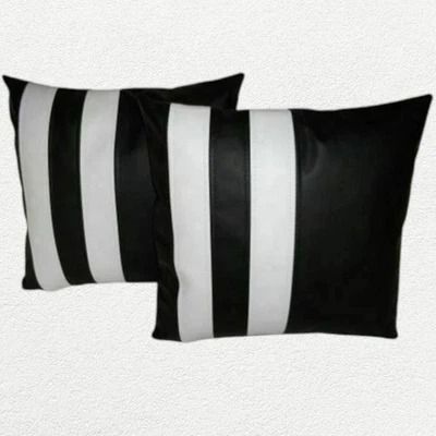 GENUINE Black & White Leather Square Pillow Cover Soft Lambskin Cushion Cover - Image 1 of 2
