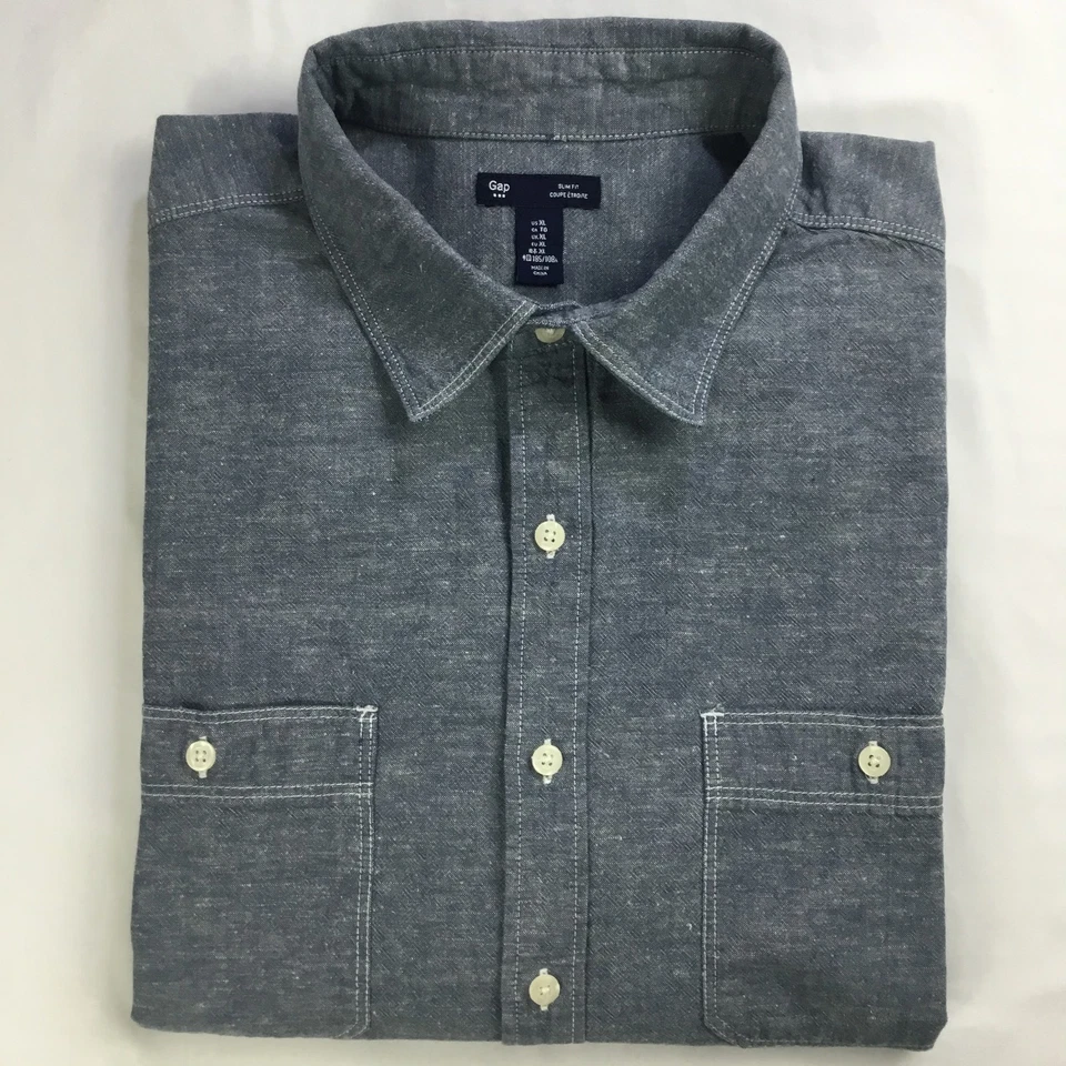 Camisa Gap Para Hombres XL Azul Cambray Slub Calce Ajustado Manga Larga Mezcla de Lino Utilidad Foto 1 de 4