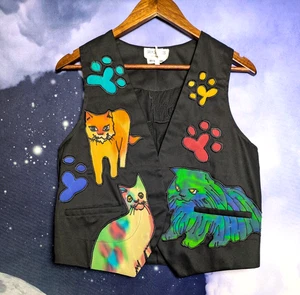 Vintage Silkscapes Katzenweste schwarz Seidenapplikation skurrile Art to Wear Gr. S - Bild 1 von 10