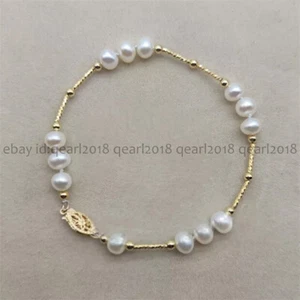 BEAUTIFUL 6-7MM GENUINE NATURAL SOUTH SEA WHITE PEARL BRACELET 7.5-8'' 14K CLASP - Picture 1 of 3