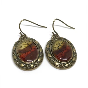 Chico's Signed Red & Yellow Unique Gold Tone Oval Ladies Dangle Drop Earrings - Picture 1 of 5