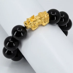 24K Solid Yellow Gold Pi Xiu 貔貅 Lucky Wealth Black Obsidian Bracelet 3.9 Grams - Picture 1 of 4
