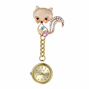 Women Nurse Watch Cat/Flower Pin-on Brooch Hanging Lapel Watch Quartz Fob Watch - Picture 1 of 13