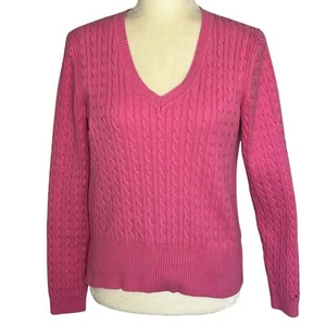 Vintage Tommy Hilfiger V-Neck Sweater Large Pullover Cable Knit Y2K Pink Preppy - Picture 1 of 12