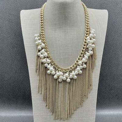 BaubleBar заявление ожерелье золотистый цепочка бахрома нагрудник искусственного жемчуга бисер ювелирных изделий - Изображение 1 из 4