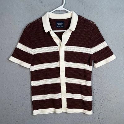 Abercrombie & Fitch Mens XS Brown & White Striped Short Sleeve Button-Up Knit - Image 1 of 4