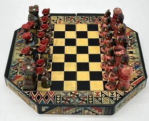 Vtg Travel Chess Set Aztec Mayan vs Spanish Conquistador 32 Pieces Travel Set M2 - Picture 1 of 15