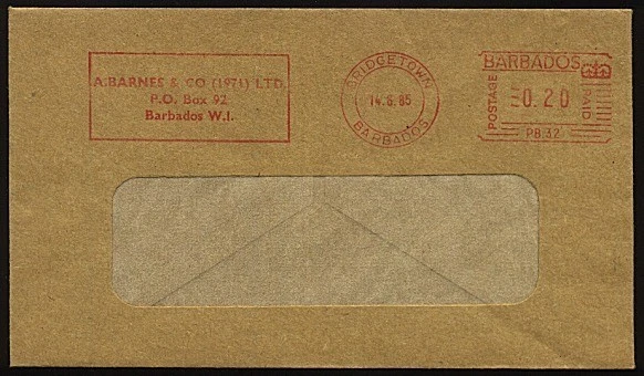 BARBADOS 1985 Cubierta con Bridgetown 20c Medidor Rojo..........................23997 Foto 1 de 1
