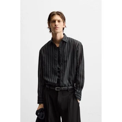 ZARA NWT MENS STRIPED TRANSLUCENT LONG SLEEVE SHIRT IN BLACK-SIZE XL - Image 1 of 4