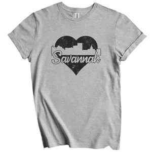 Retro Savannah Georgia Skyline Heart Distressed T-Shirt - Picture 1 of 4