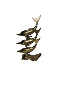 Vintage Triple Dolphins Brass Sculpture. Coastal, Nautical Design 8¾" H - Picture 1 of 6