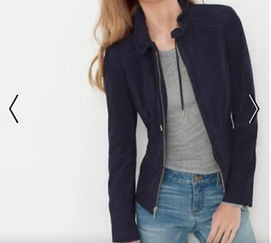 White House Black Market Suede Jacket XS Admiral Blue Lined Zip Peplum Elastic - Picture 1 of 22