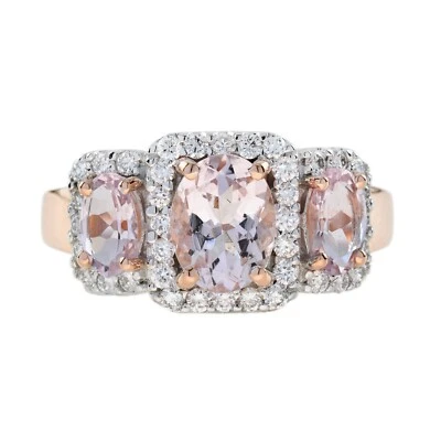 Anillo de tres piedras estilo Art Deco de morganita rosa y diamantes en oro rosa de 18 quilates Foto 1 de 4